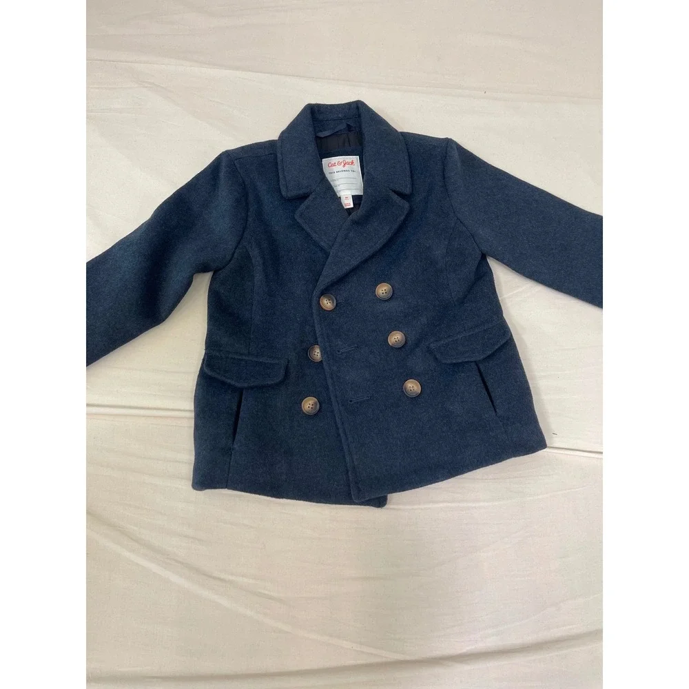 Cat & Jack Boys Navy Blue Double Breasted Pea Coat Jacket Size XS 4-5